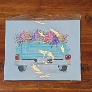 Hand Created Watercolor Of Blue Truck With Flowers In Original Package